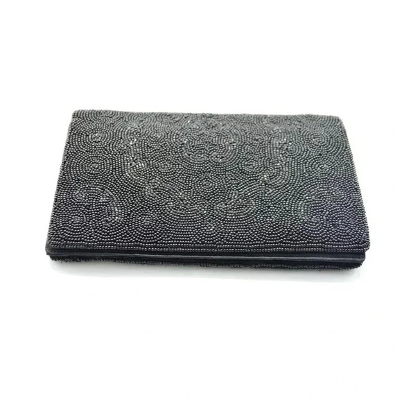 Vintage Handbags - Black Heavily Bead Beaded Mid Century Satin Lined